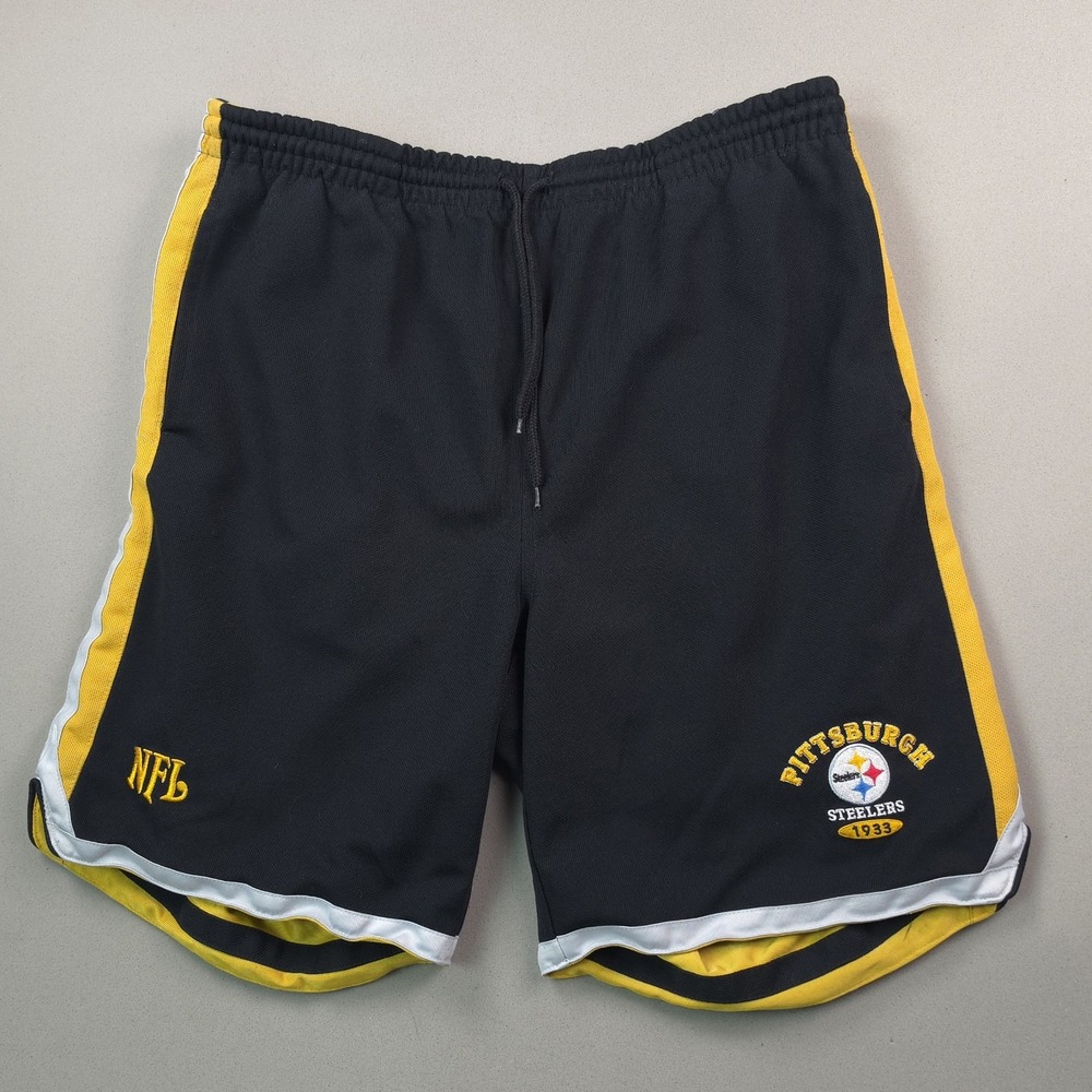 Pittsburgh Steelers Reversible Shorts NFL Black Gold Embroidered Mens L Athletic